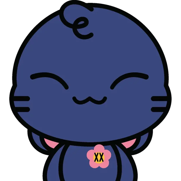 A Lander: a navy cat character with a pink flower charm