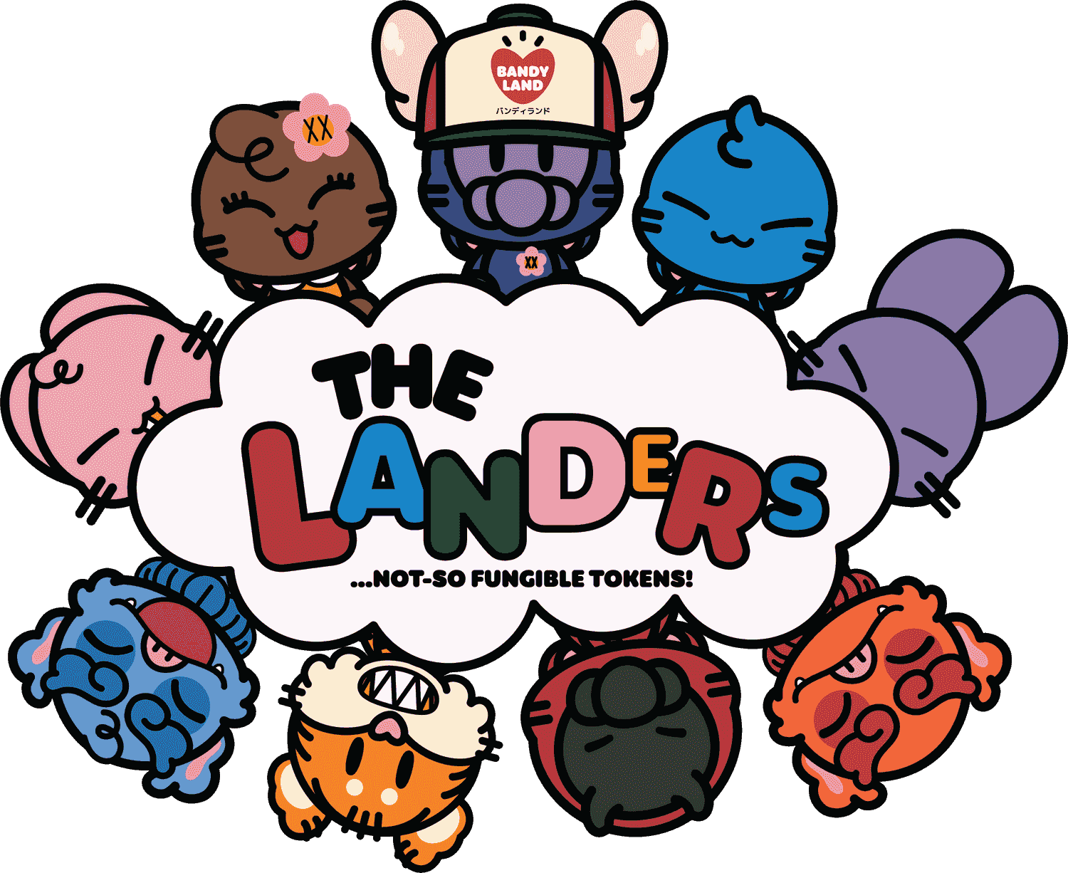 The Landers: nine round cat characters in different colorways around a cloud reading THE LANDERS — not-so fungible tokens